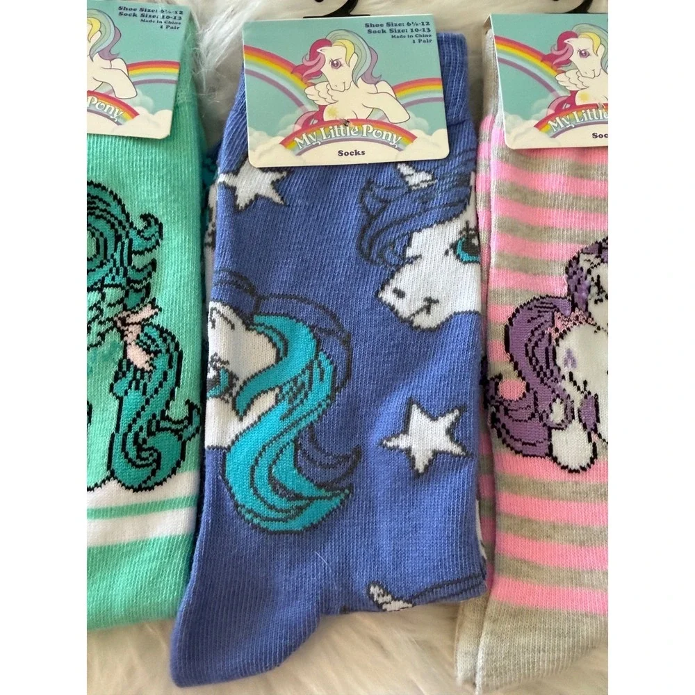 My Little Pony Crew Socks 3 Pair Bundle Mint Blue Pink Striped NWT Size 10-13